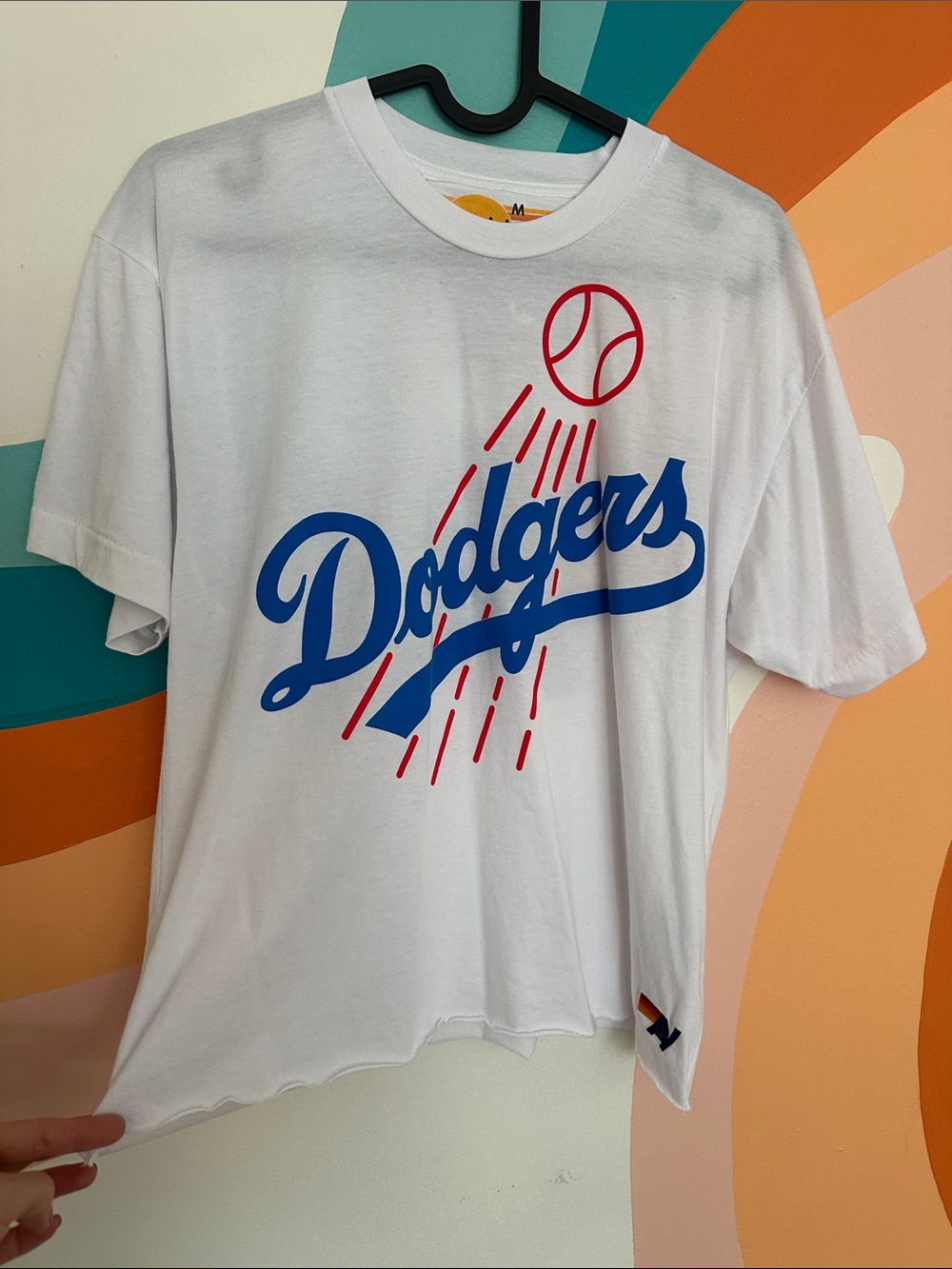 Aviator Nation White Dodgers Crop Tee with Blue and Red Graphics